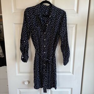 Gap Heart Print Dark Blue‎ White Mini Shirt Dress Button Up Long Sleeve Belted M